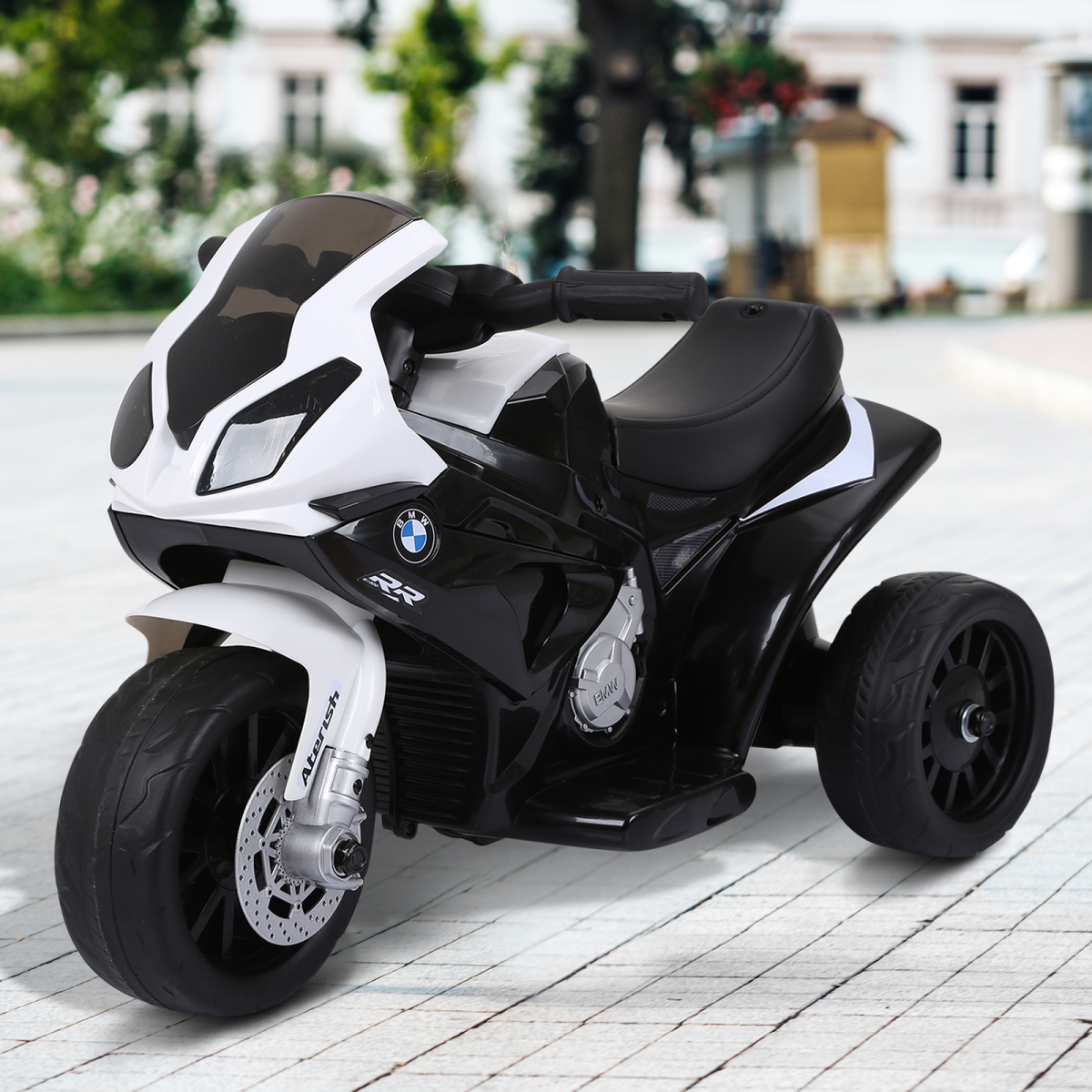 Black BMW licensed electric kids ride-on motorcycle with headlights and music by HOMCOM.