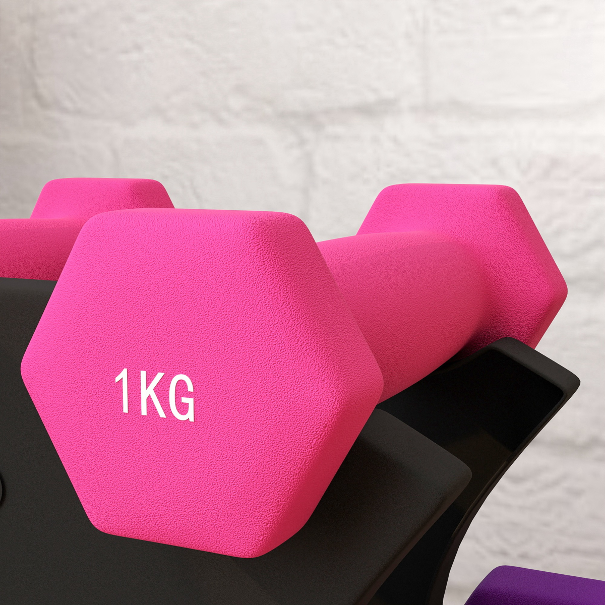 Hex dumbbells set by SPORTNOW in pink, purple, and green with a rack featuring 2x1kg, 2x2kg, and 2x3kg weights.
