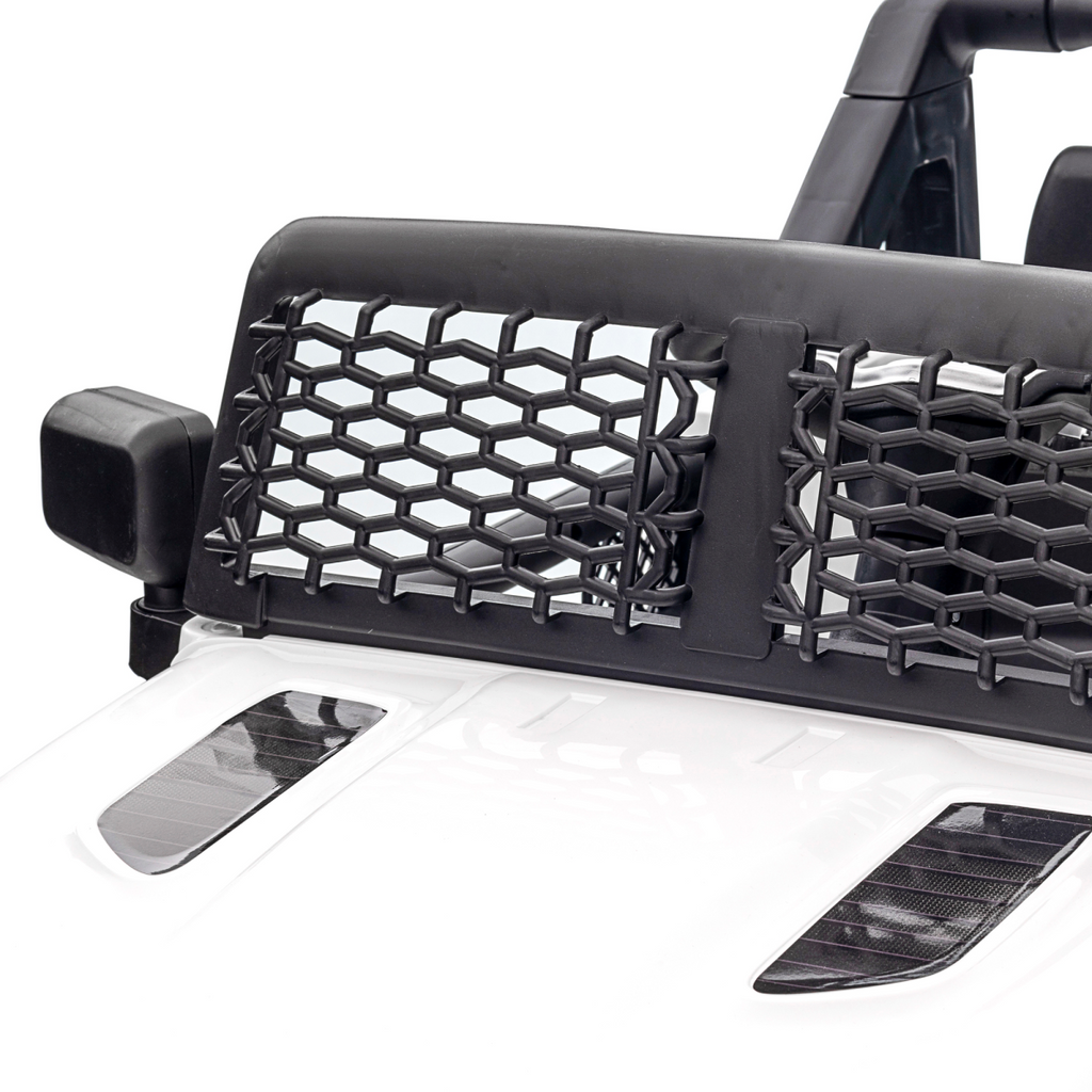 White 12V FunZone kids electric ride-on truck, off-road SUV style, with remote control for ages 3-6.