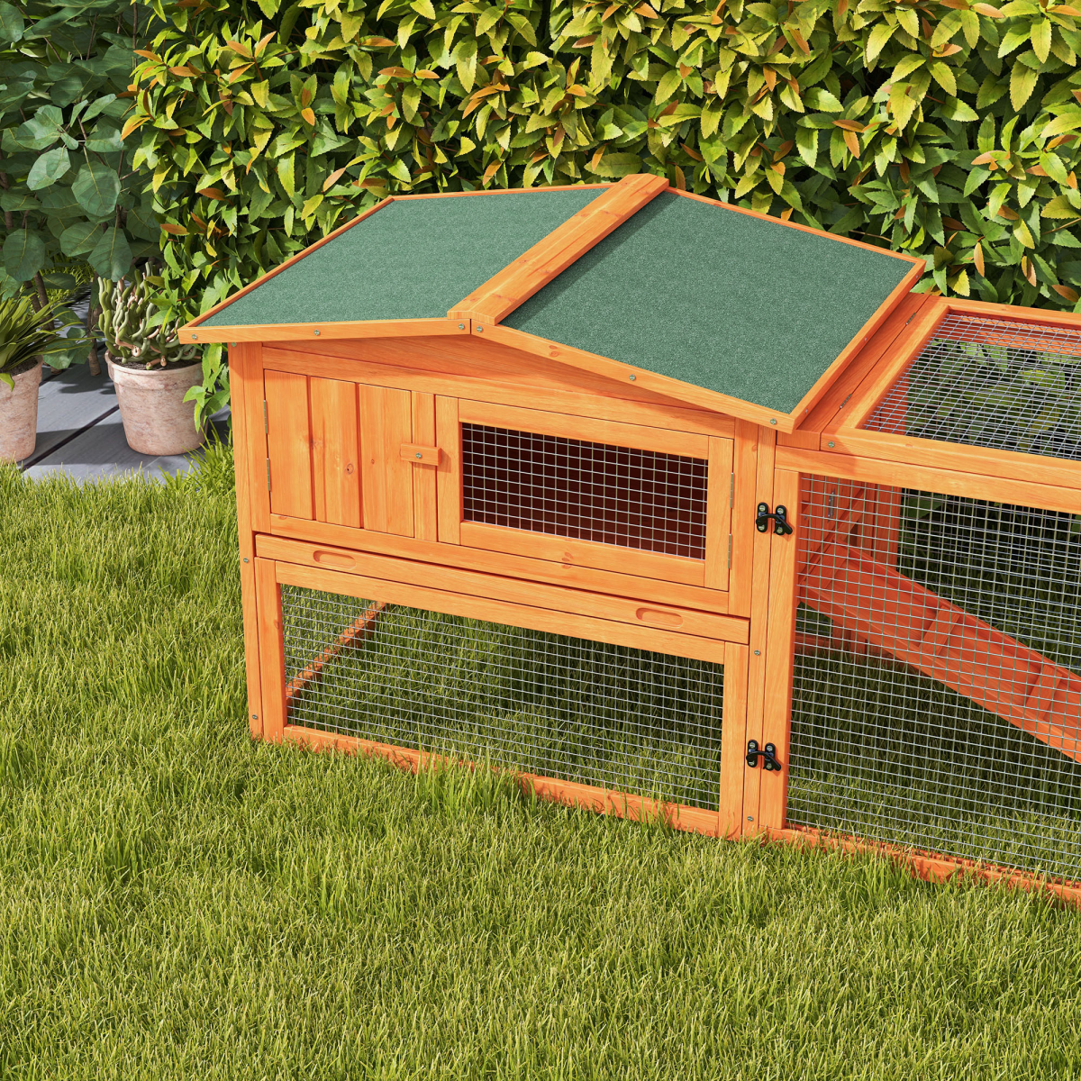 Rabbit Hutch and Run Outdoor Sliding Tray Hay Rack Ramp, 156x58x68 cm Pawhut