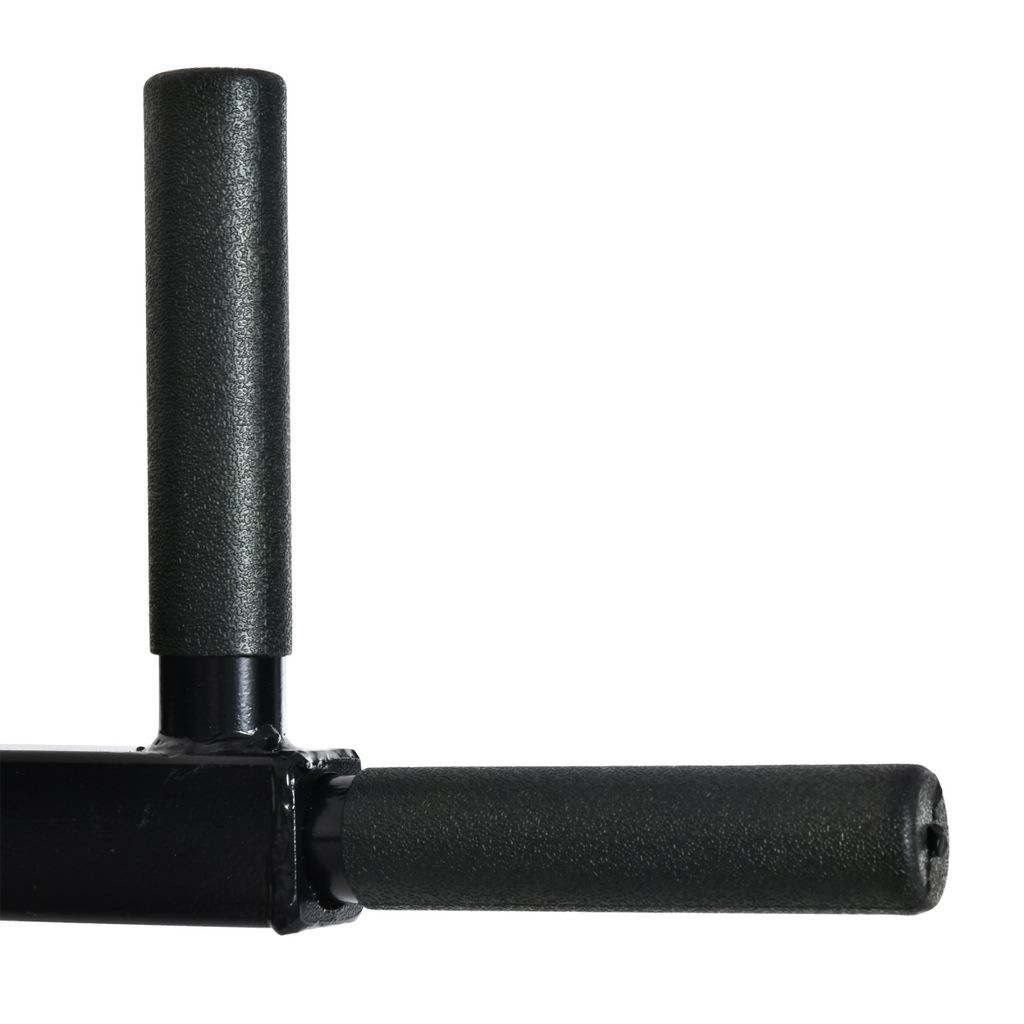 Wall mounted gym rack featuring dip station, AB knee leg raise, and pull-up bar in a home workout setting.