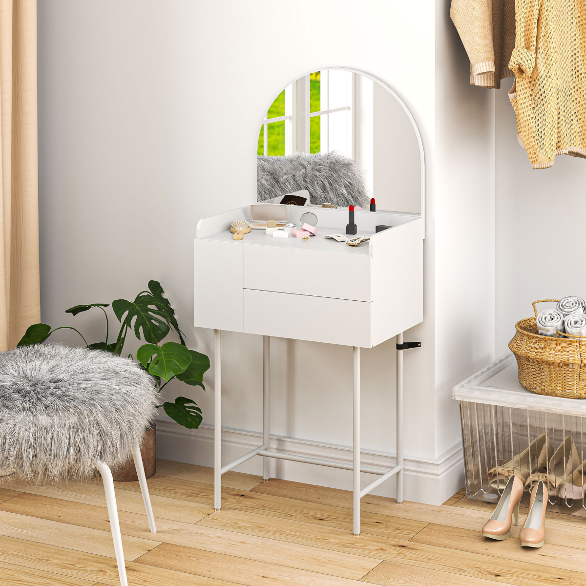 White Makeup Vanity Table with Mirror & Drawers - Modern Dressing Table