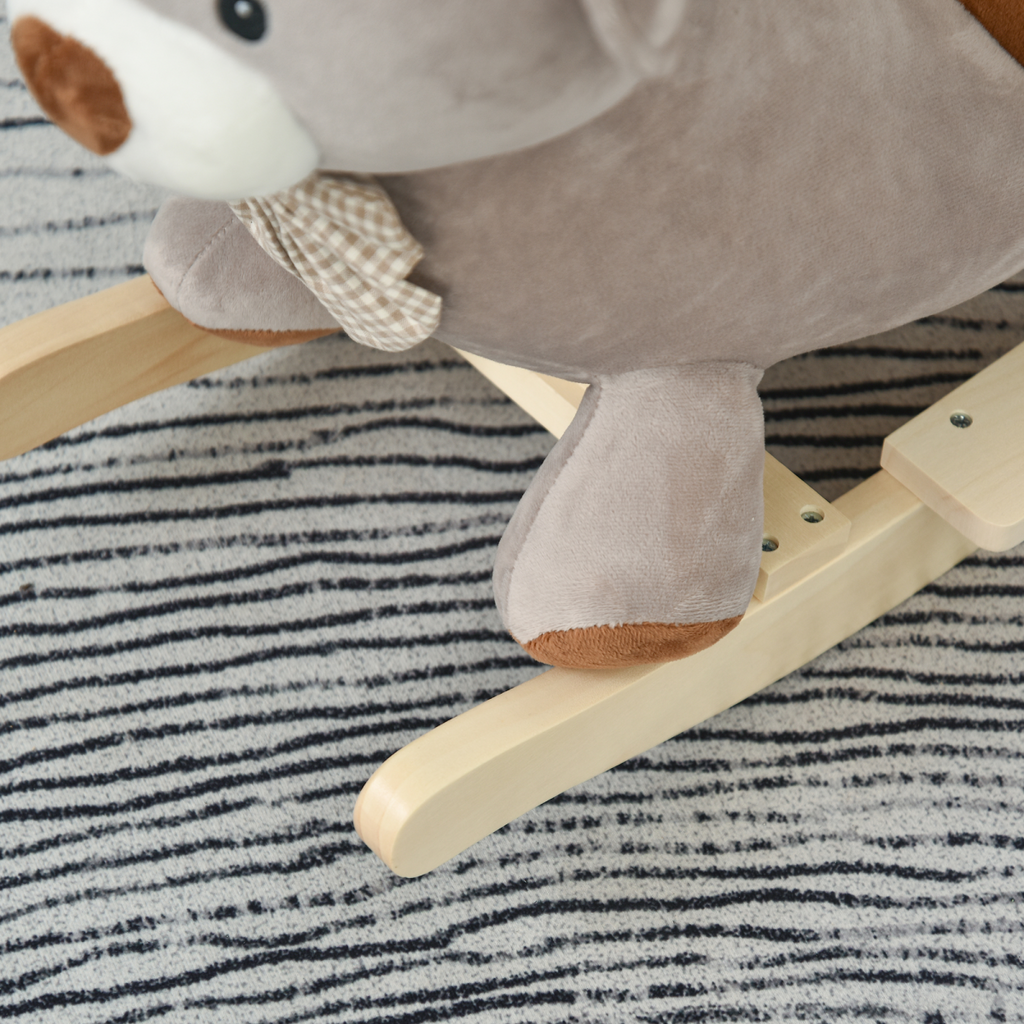 Kids rocking bear plush ride-on toy with sound button and seat belt, designed for ages 18-36 months.