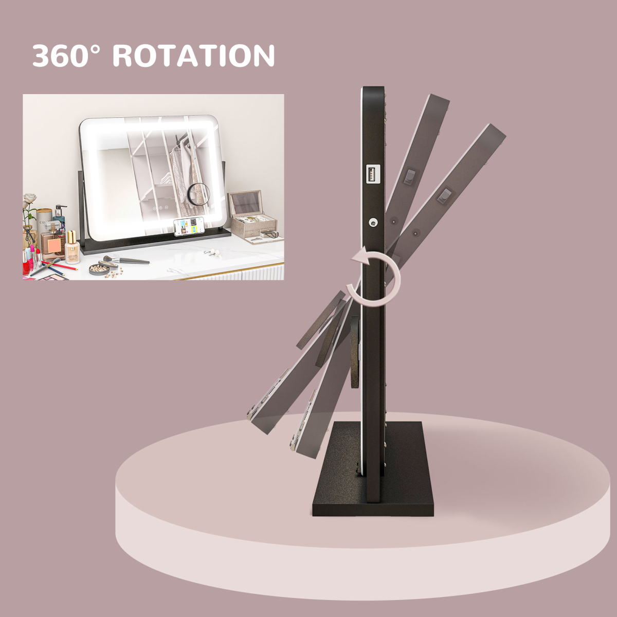 Dimmable Lighted Makeup Mirror with Magnifier & USB Port - 360° Rotation