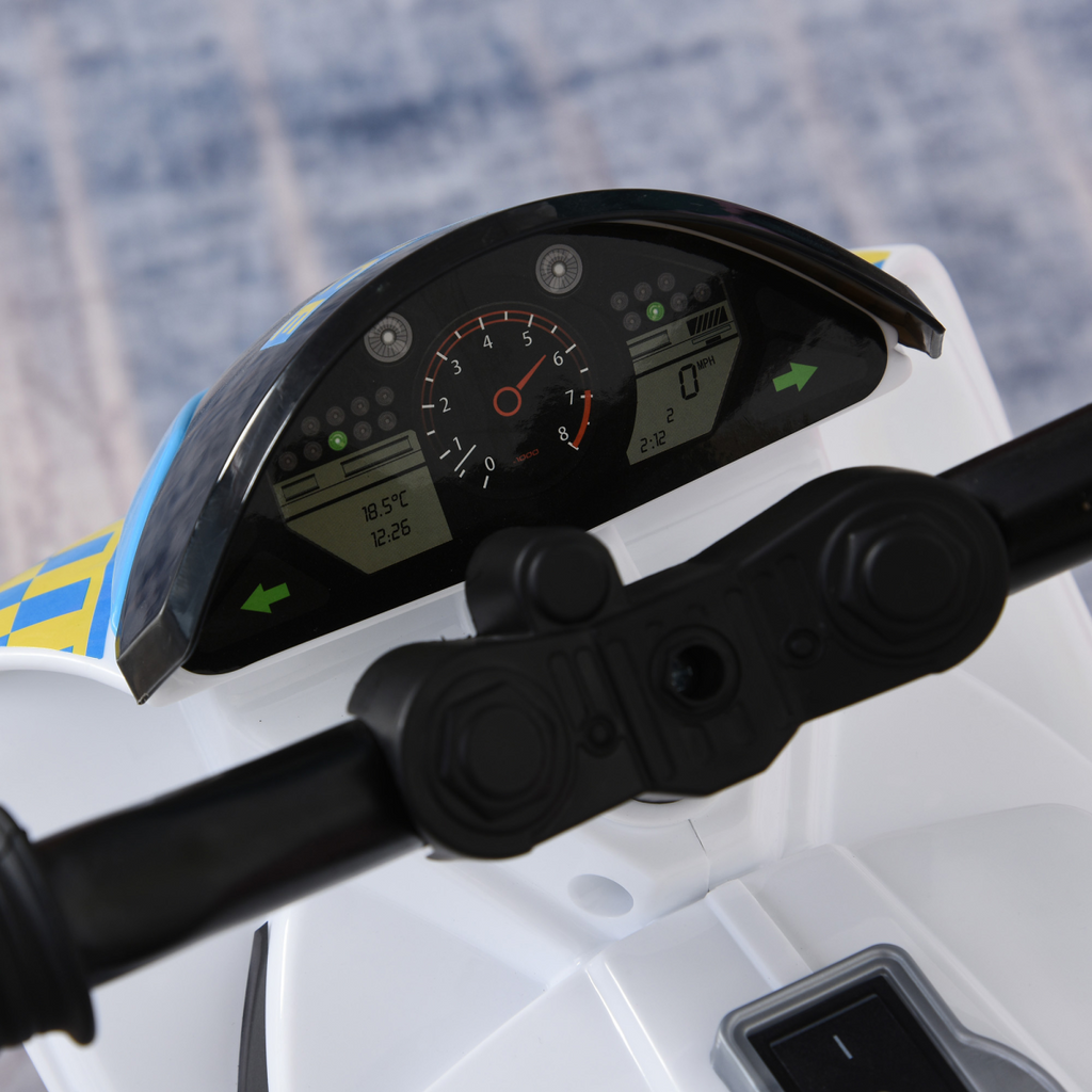 Kids Ride-On Police Bike with three wheels, music, and lights for ages 18-36 months, featuring a bright design.