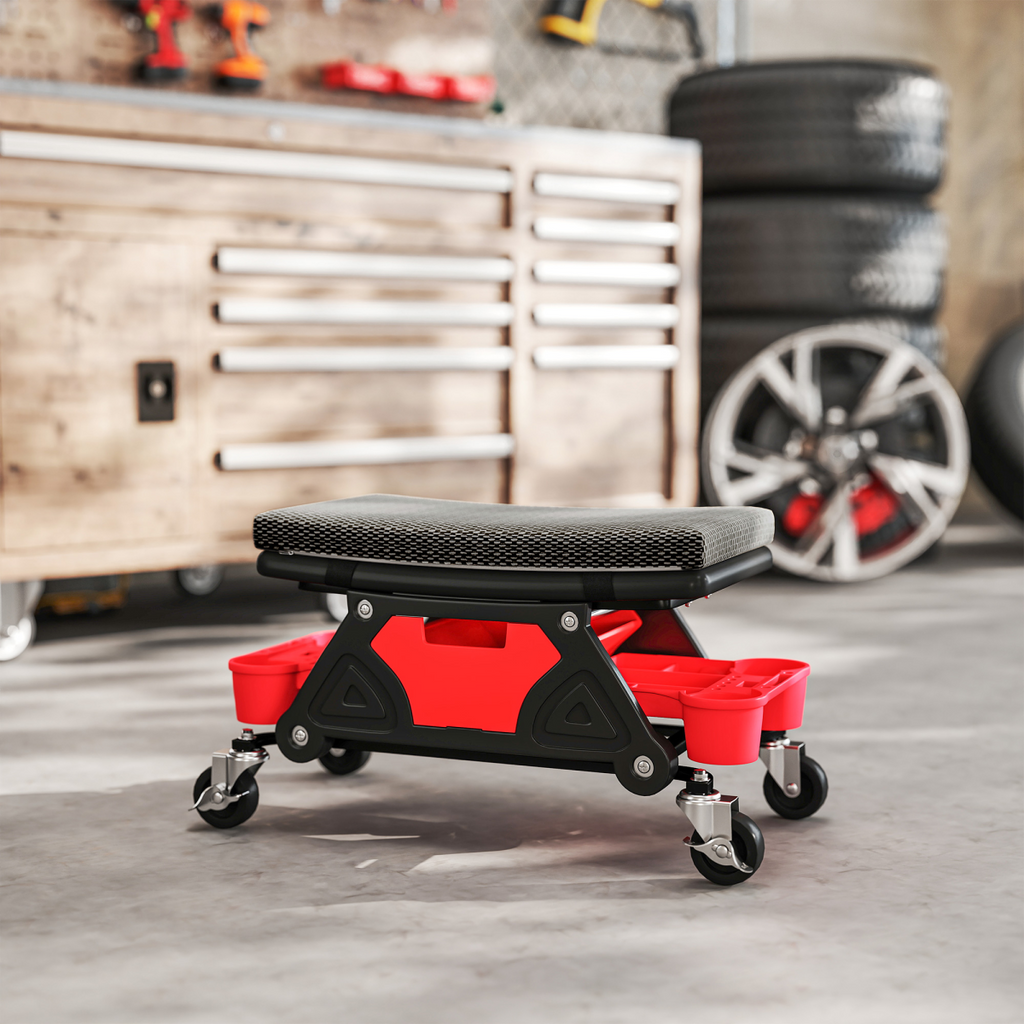 Rolling Mechanic Stool with Storage - 135kg Capacity - Black