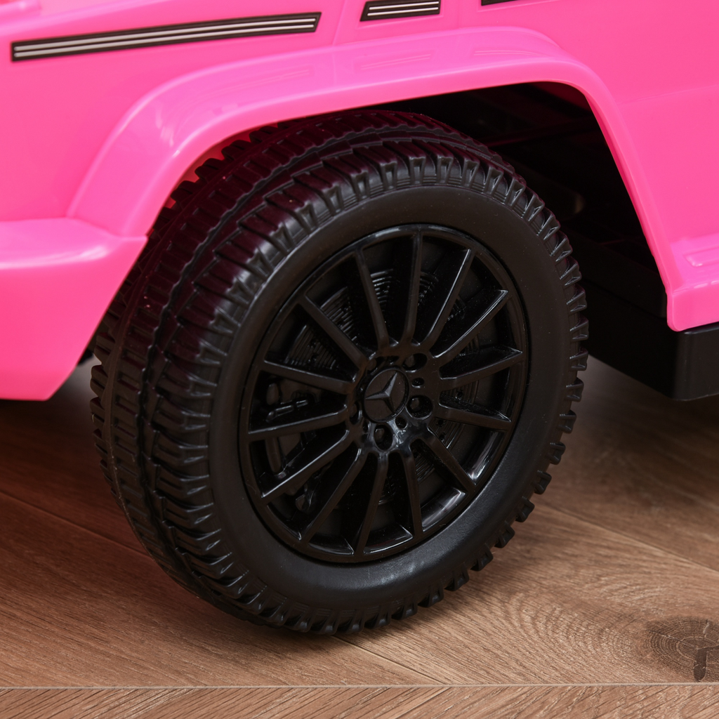 Licensed pink Mercedes Benz G350 ride-on push car with sun canopy for toddlers aged 12-36 months by FunZone.
