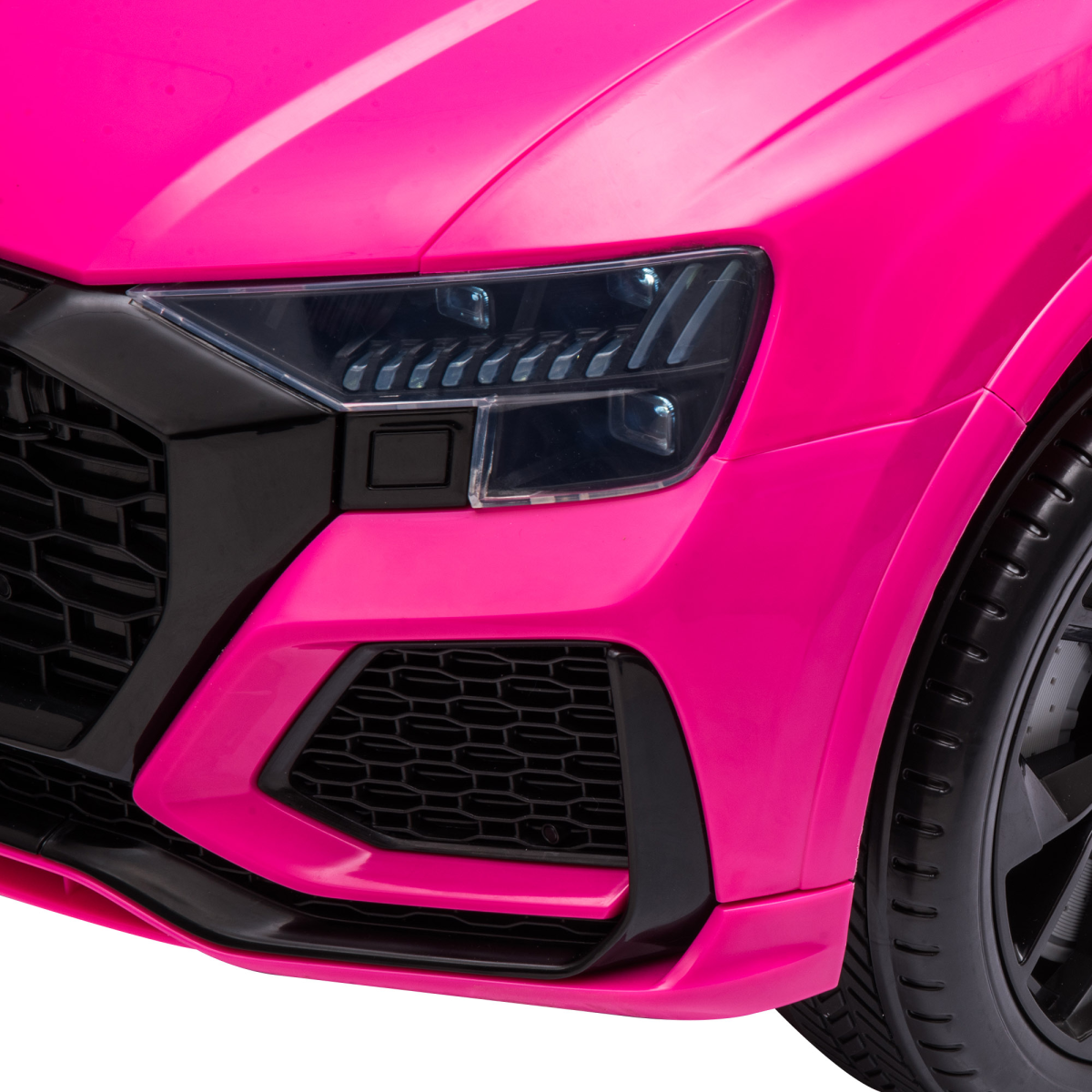 Pink Audi RS Q8 6V electric ride-on car with remote control for ages 3-5, featuring a sleek design and comfortable seating.