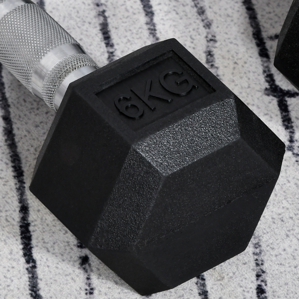 Hexagonal dumbbells 2x6kg for weight lifting, showcasing the ActiveGear design for home fitness workouts.