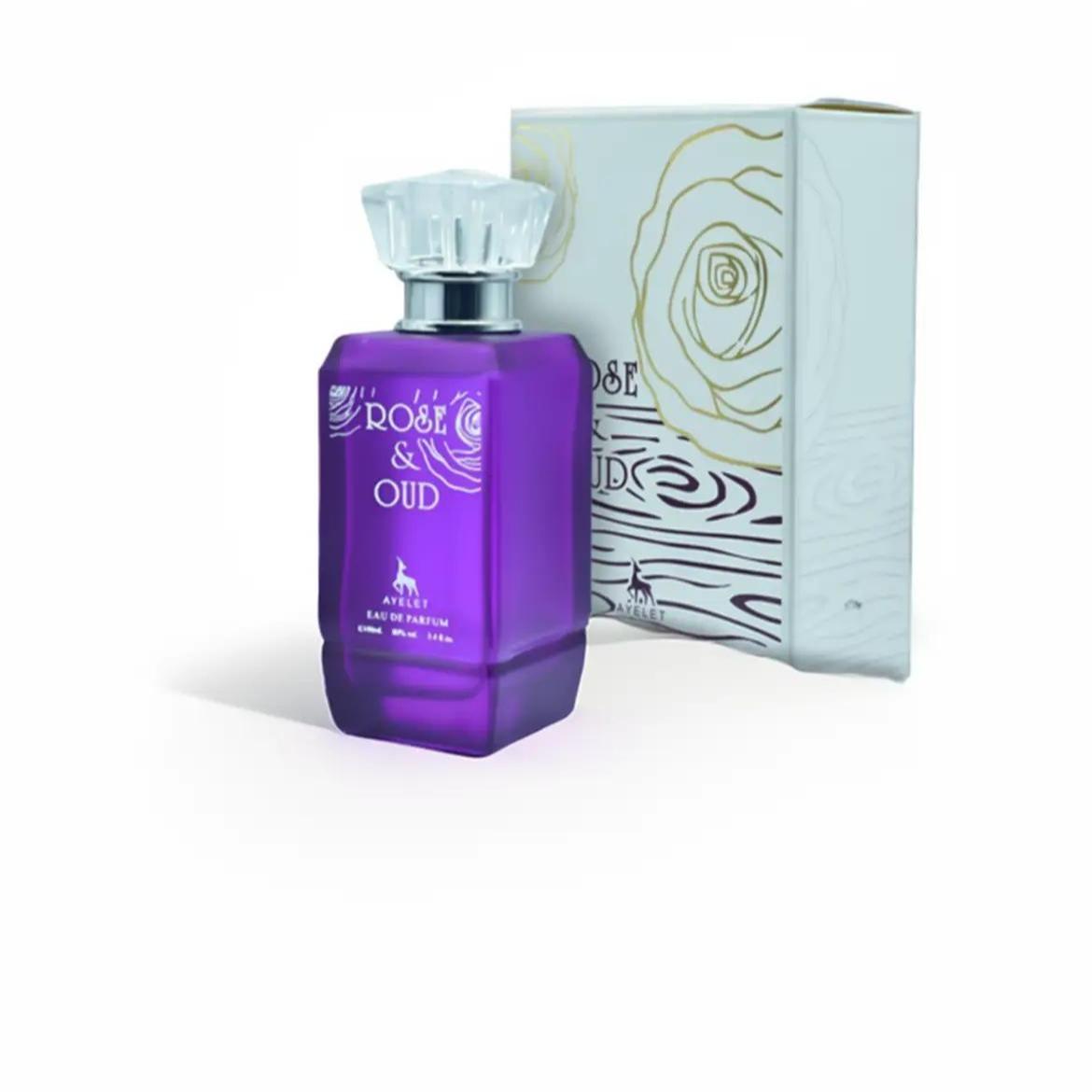 Rose & Oud Eau De Parfum Spray 100ml by Fragrance London in an elegant bottle with floral design.