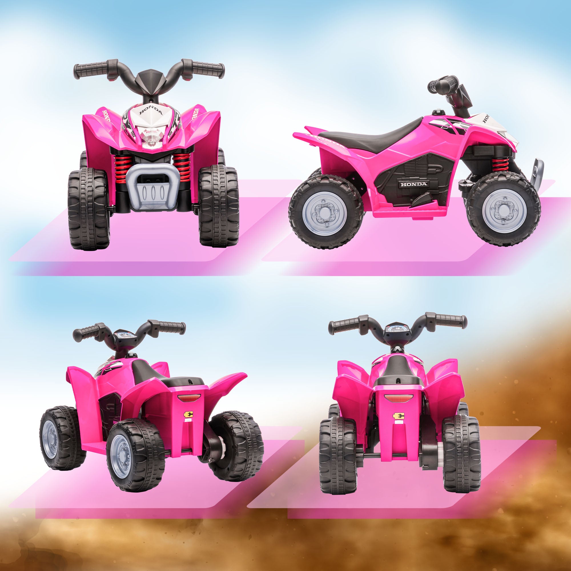 Pink Honda licensed kids electric quad bike by HOMCOM, designed for 1.5-3 years, featuring an ATV style and fun design.