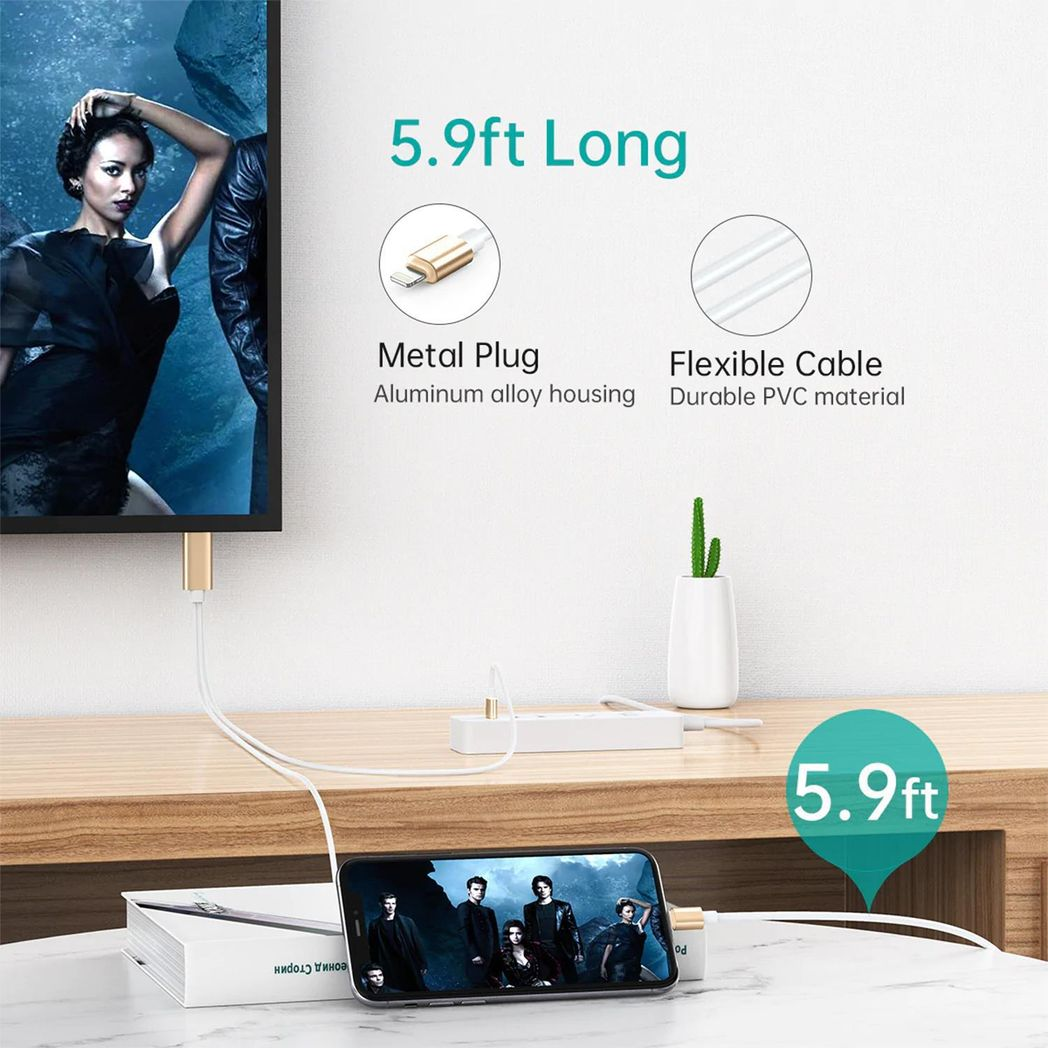 Full HD HDMI connector cable by Aquarius, featuring a gold finish, designed for screen mirroring with phones and pads.