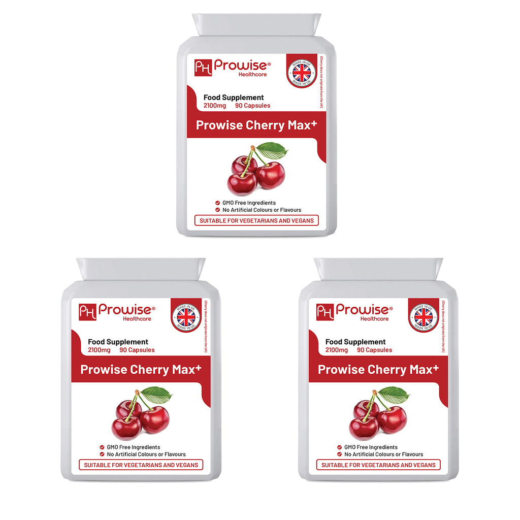 Cherry Max+ 2100mg vegan capsules by Prowise Healthcare in a pack of 3, highlighting high strength and UK-made quality.