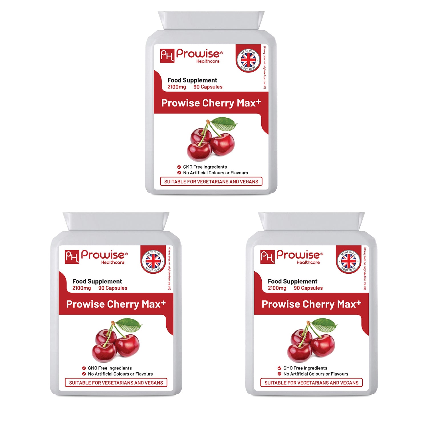 Cherry Max+ 2100mg vegan capsules by Prowise Healthcare in a pack of 3, highlighting high strength and UK-made quality.