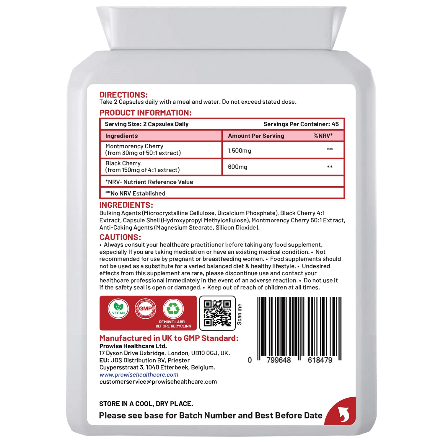 Cherry Max+ 2100mg vegan capsules by Prowise Healthcare, pack of 3, displayed with label and packaging details.