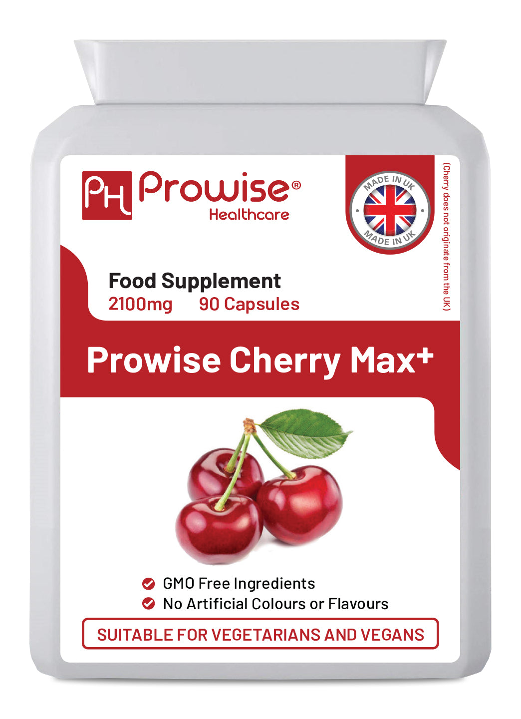 Prowise Healthcare Cherry Max+ 2100mg Montmorency and Black Cherry vegan capsules in a bottle on a white background.