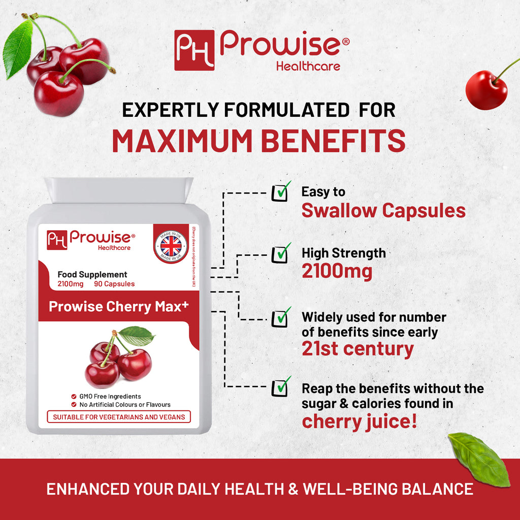 Prowise Healthcare GlowCare Cherry Max+ 2100mg capsules with Montmorency and Black Cherry in a bottle.