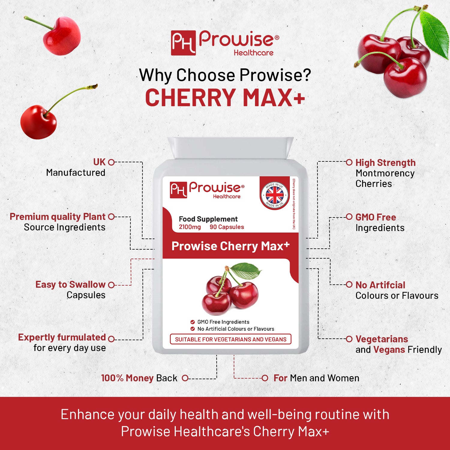 Vegan capsules of Prowise Healthcare Cherry Max+ 2100mg with Montmorency and black cherry, displayed in a clear container.