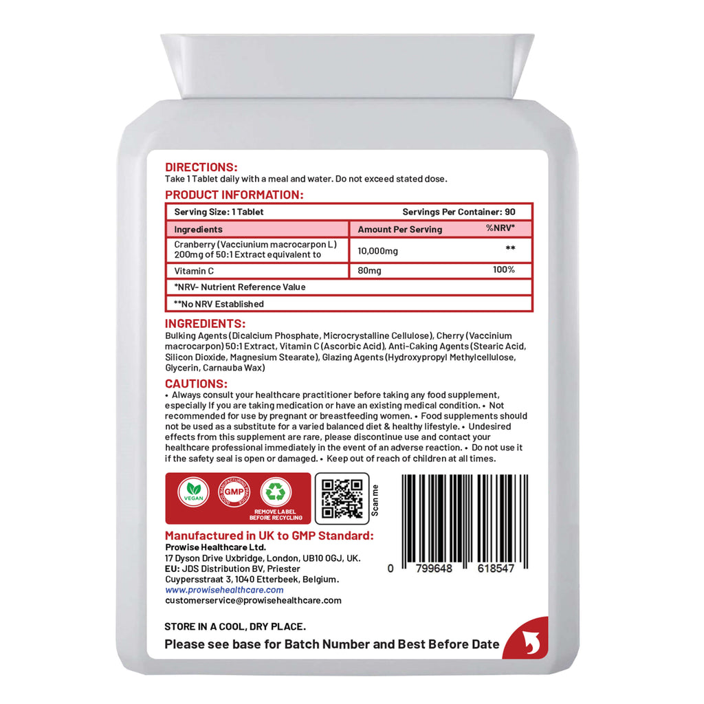 Cranberry with Vitamin C GlowCare supplement from Prowise Healthcare in a clear bottle with a label showcasing ingredients.