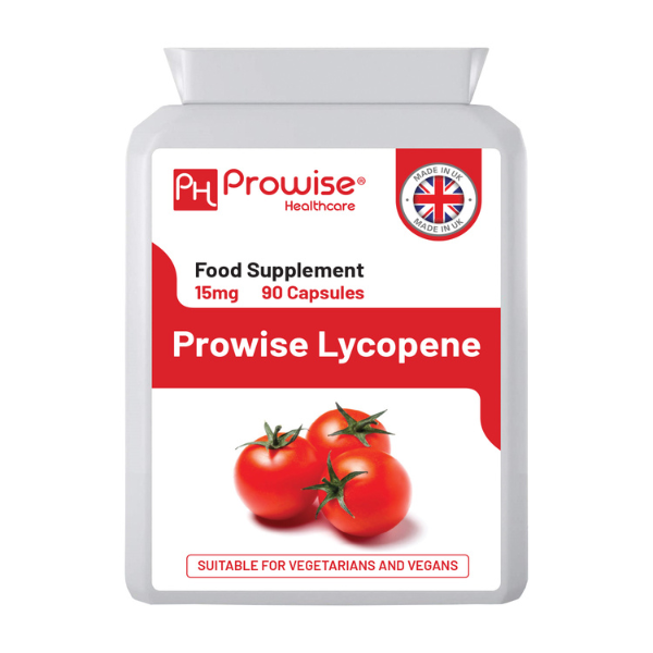 Lycopene 15mg capsules in a bottle by Prowise Healthcare, featuring a vibrant label and clear capsule visibility.