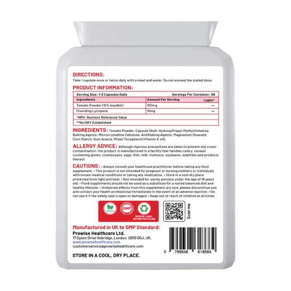 Lycopene 15mg capsules by Prowise Healthcare in a bottle, showcasing the GlowCare dietary supplement.