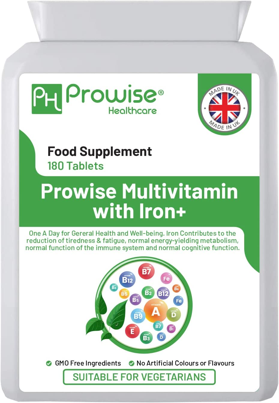 Prowise Healthcare Multivits and Iron+ 180 tablets in a bottle, featuring vibrant packaging and clear label details.