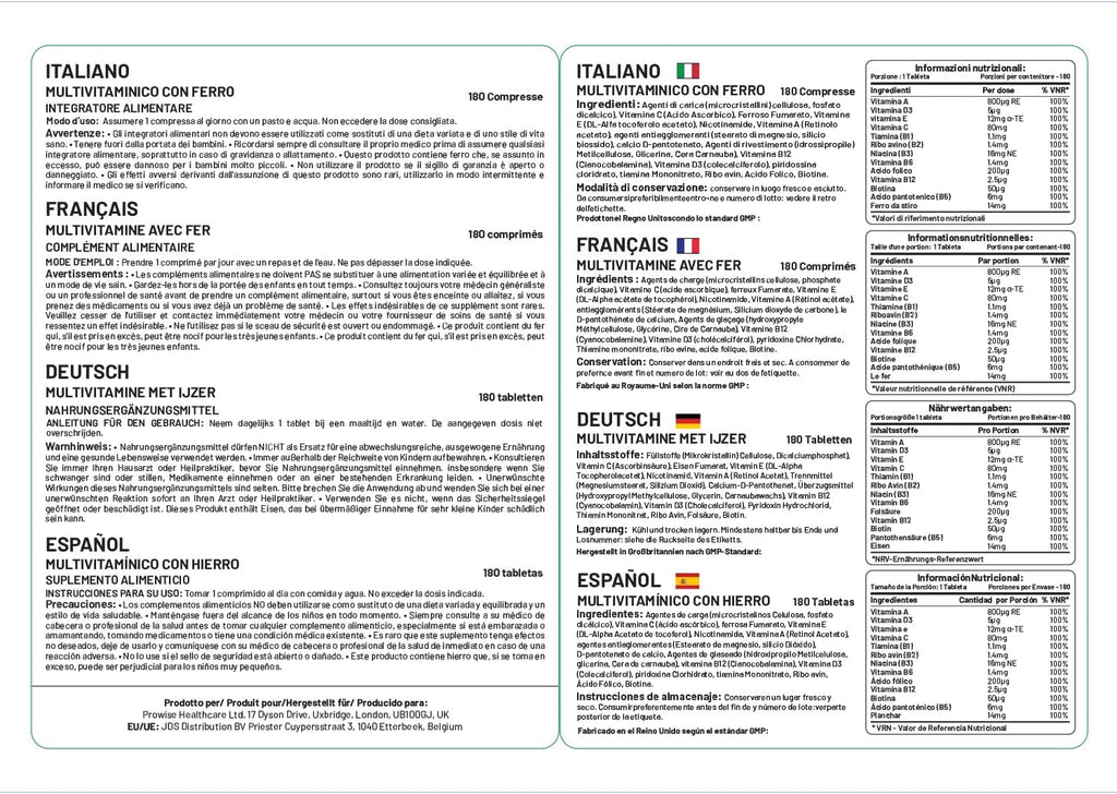 Prowise Healthcare Multivits and Iron+ 180 tablets in a bottle, showcasing the product label and tablet size.