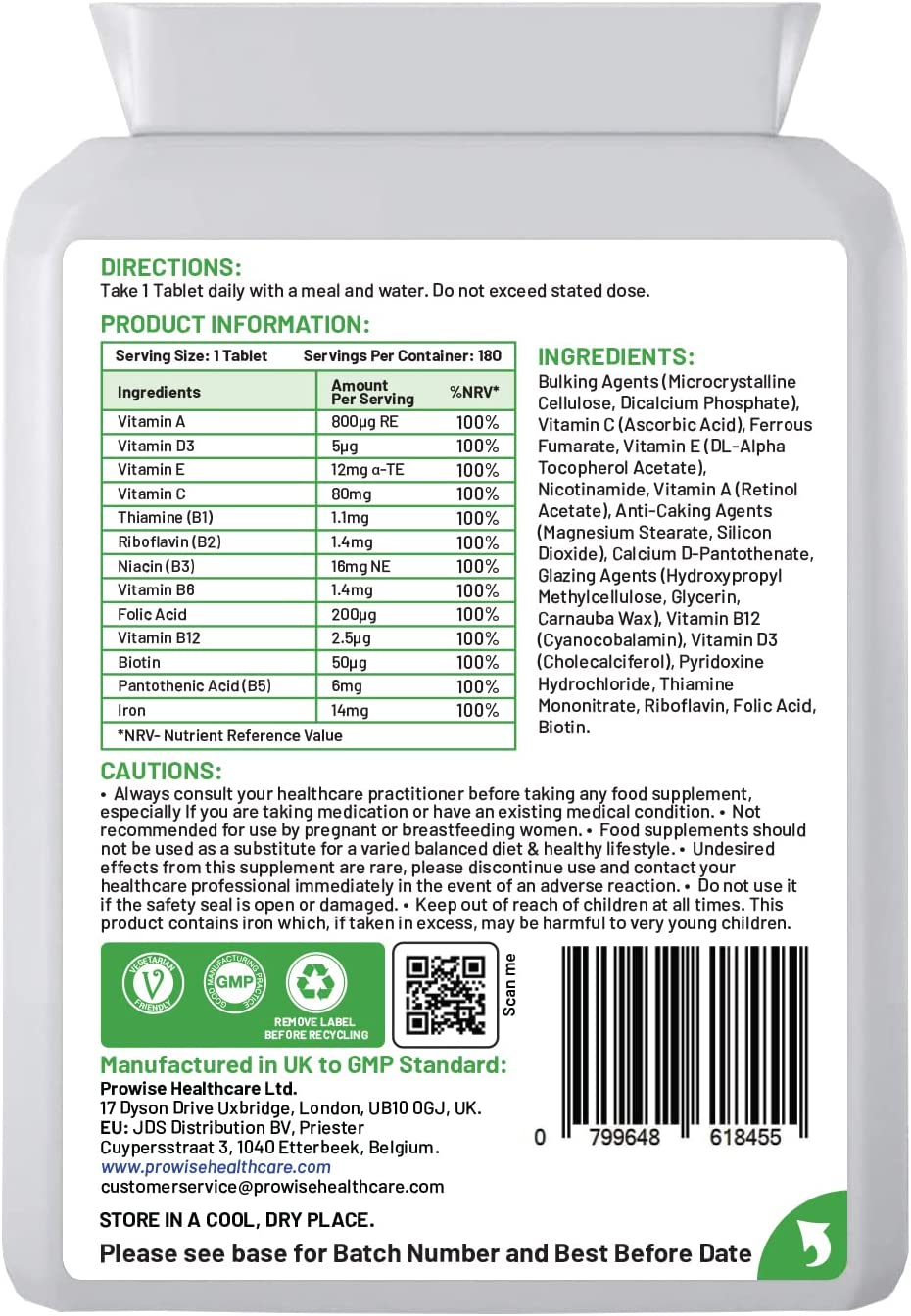 Prowise Healthcare Multivits and Iron+ 180 tablets in a bottle with a vibrant label, showcasing nutritional supplements.