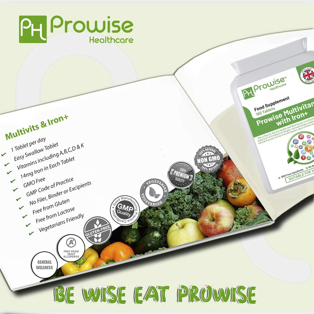 Prowise Healthcare Multivits and Iron+ 180 tablets in a bottle, featuring a vibrant label and clear tablet visibility.