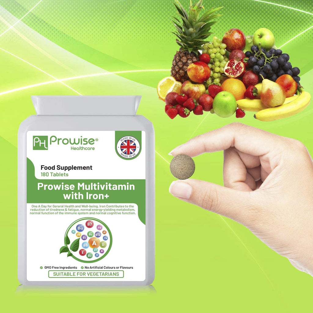 Multivits and Iron+ 180 tablets by Prowise Healthcare, featuring a clear bottle with multicolored tablets inside.