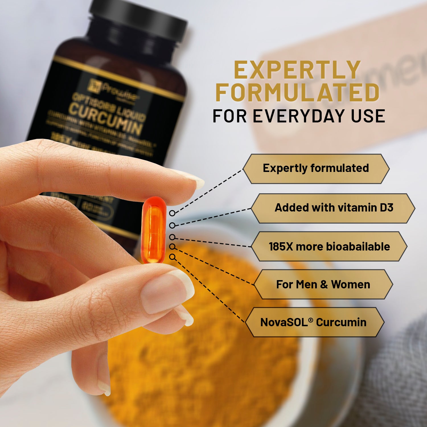Optisorb Liquid Curcumin with Vitamin D by Prowise Healthcare in a bottle with 60 liquid capsules on a white background.