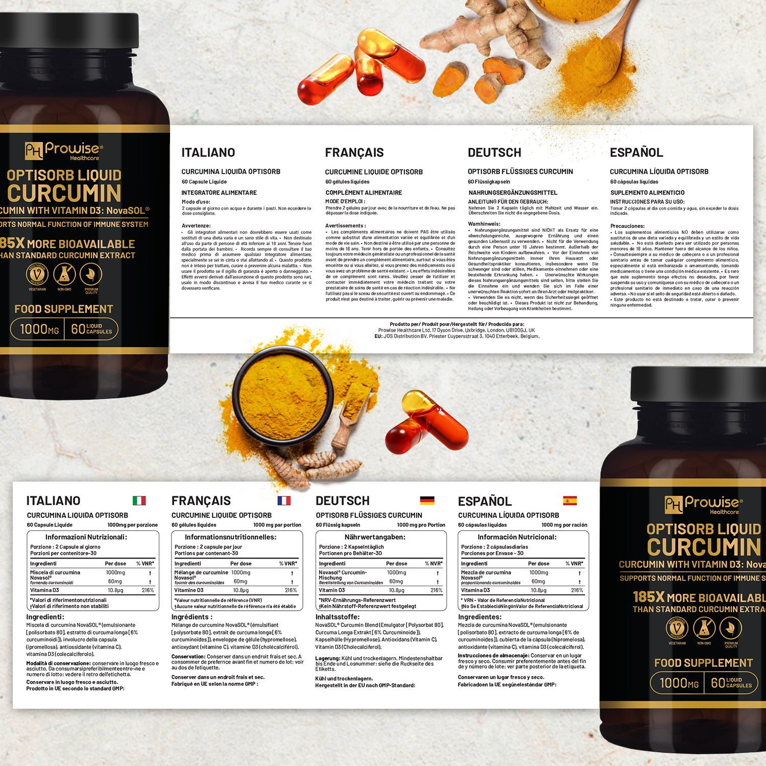 Optisorb Liquid Curcumin with Vitamin D in a bottle, 60 softgels by GlowCare, Prowise Healthcare.
