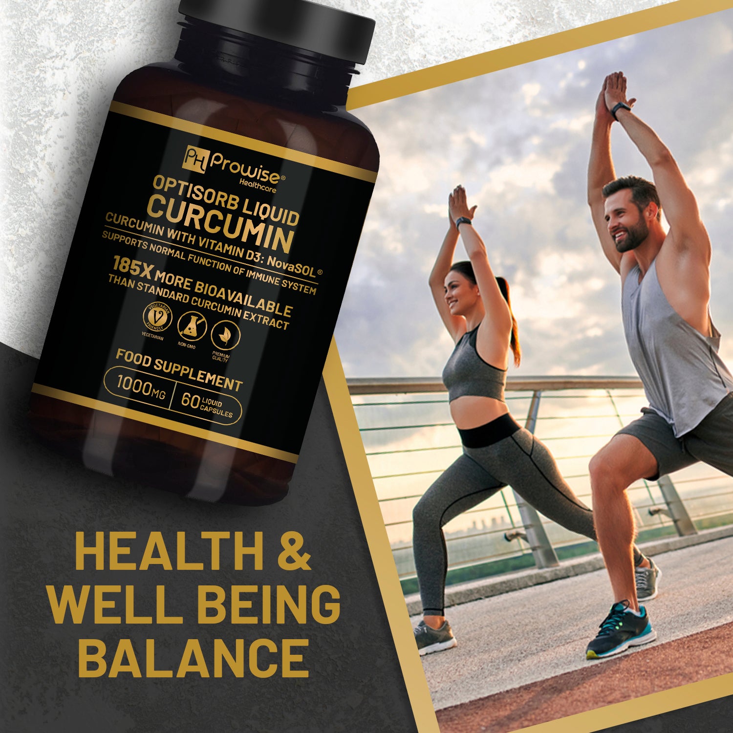 Optisorb Liquid Curcumin with Vitamin D in a bottle, featuring 60 liquid capsules by GlowCare, Prowise Healthcare.