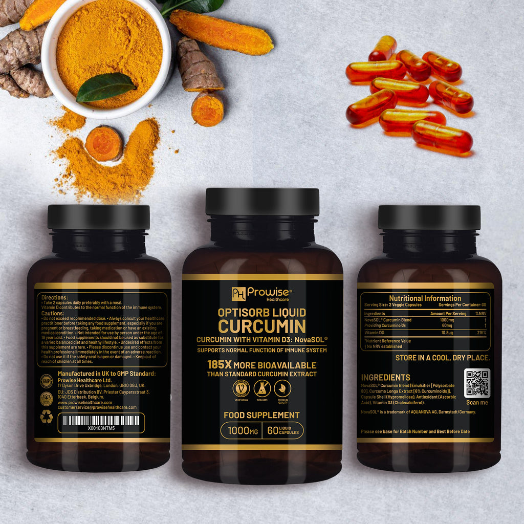 Optisorb Liquid Curcumin with Vitamin D in 60 liqcaps by GlowCare, showcasing the bottle and capsule design.