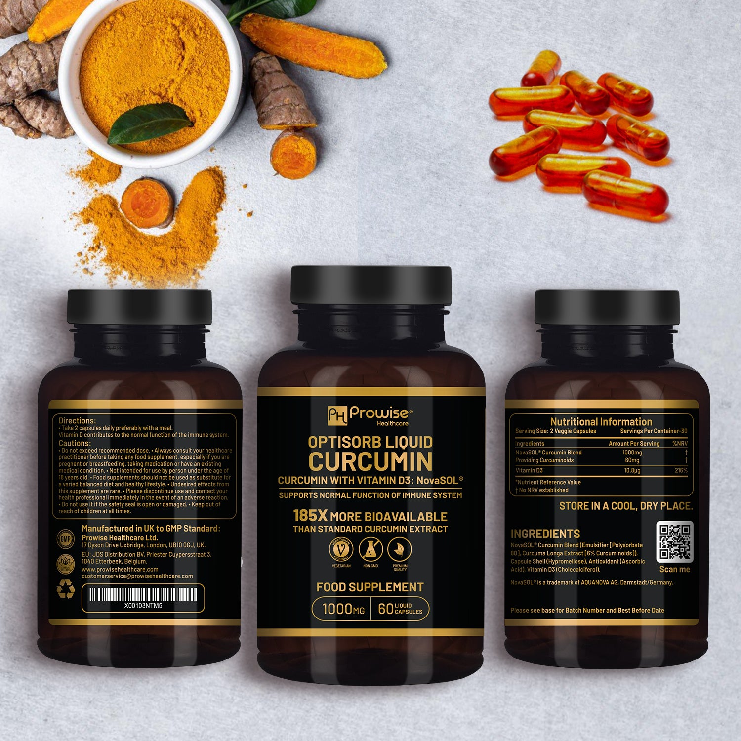 Optisorb Liquid Curcumin with Vitamin D in 60 liqcaps by GlowCare, showcasing the bottle and capsule design.