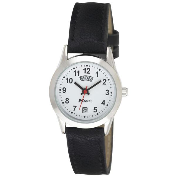 Ravel Womens Stainless Steel Day/Date Faux Leather Strap Watch