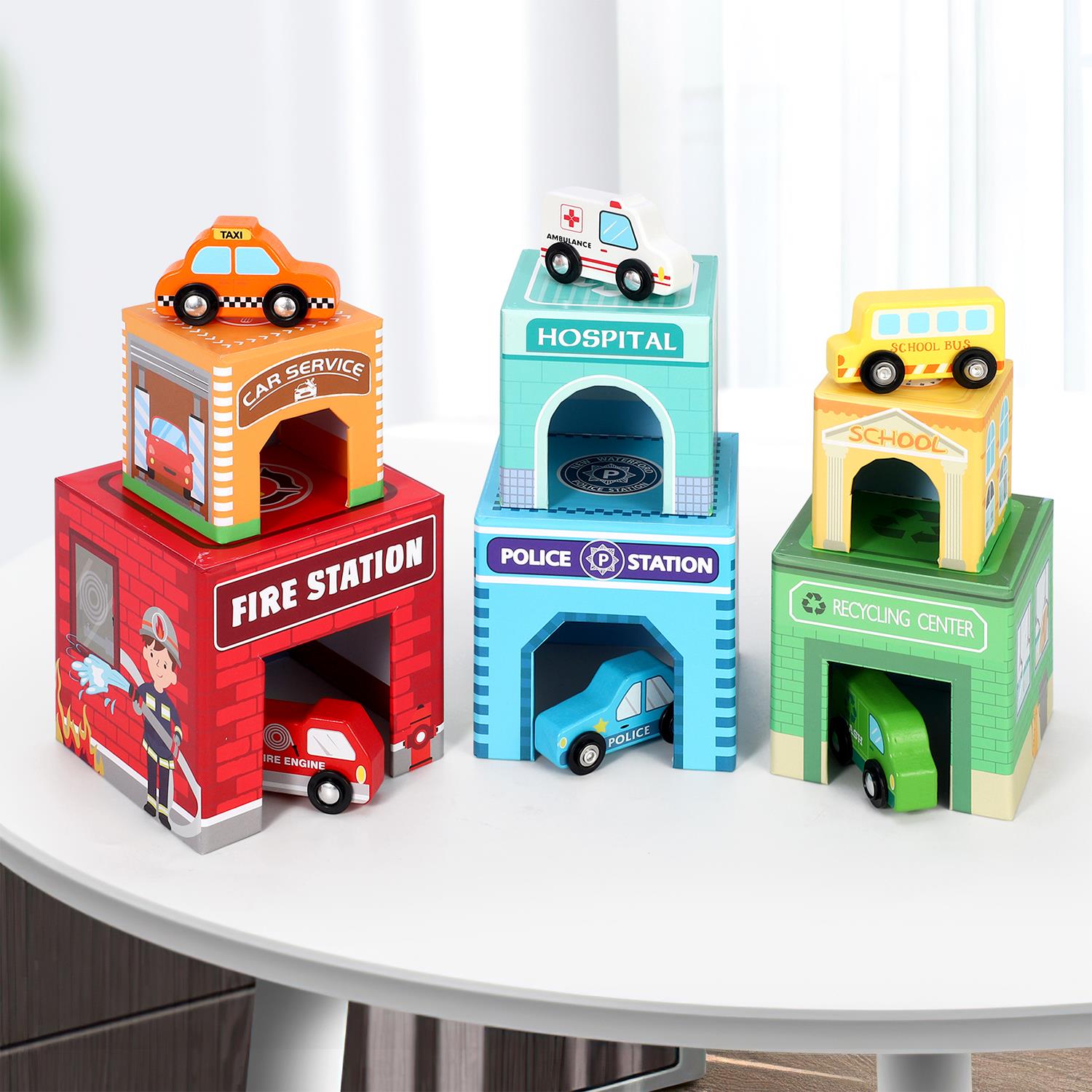 SOKA Stacking Cube featuring 6 colorful vehicles from SOKA Play Imagine Learn on a playful background.