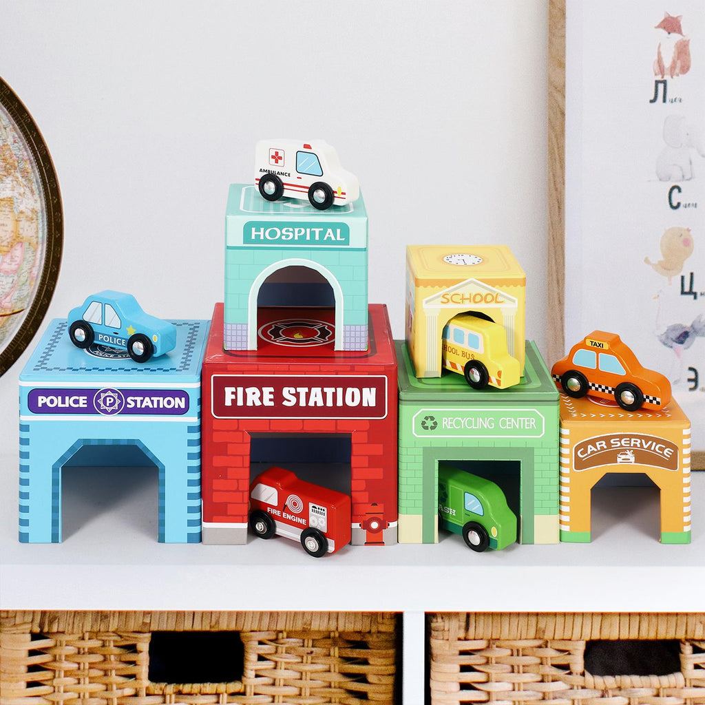SOKA Stacking Cube featuring 6 colorful vehicles from SOKA Play Imagine Learn, ideal for imaginative play and stacking fun.