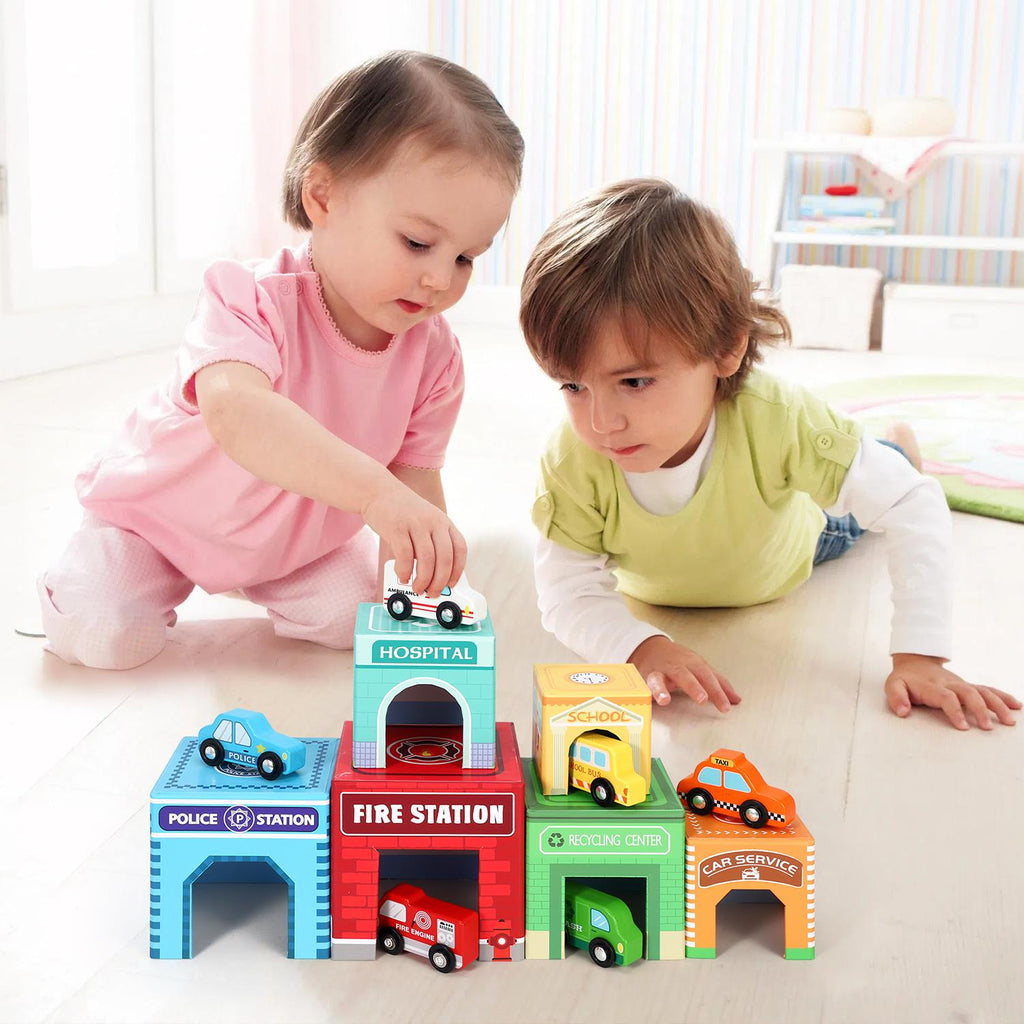 SOKA Stacking Cube with 6 colorful vehicles, designed for imaginative play and learning in a fun zone setting.