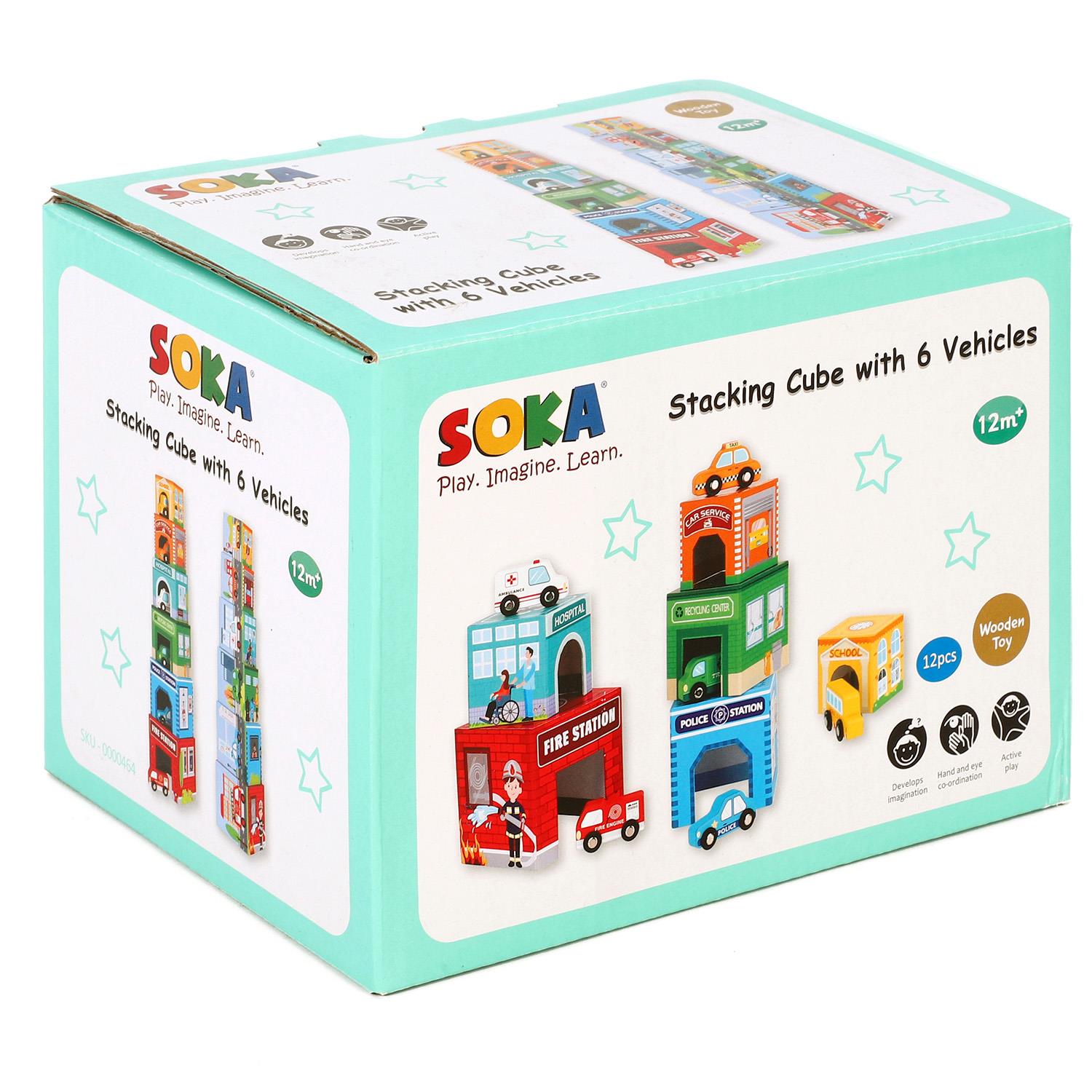 SOKA Stacking Cube featuring 6 colorful vehicles for imaginative play, designed for children by SOKA Play Imagine Learn.