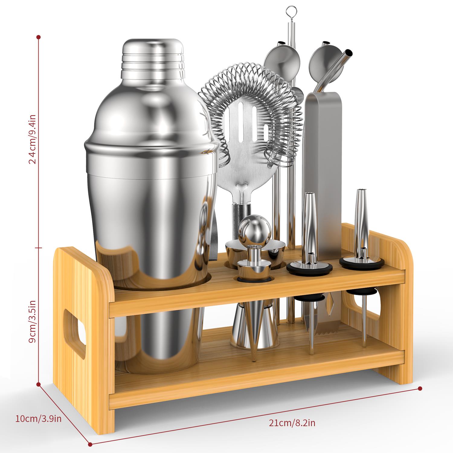 15-piece stainless steel cocktail shaker set by Vinsani, including tools for bartending and drink mixing.