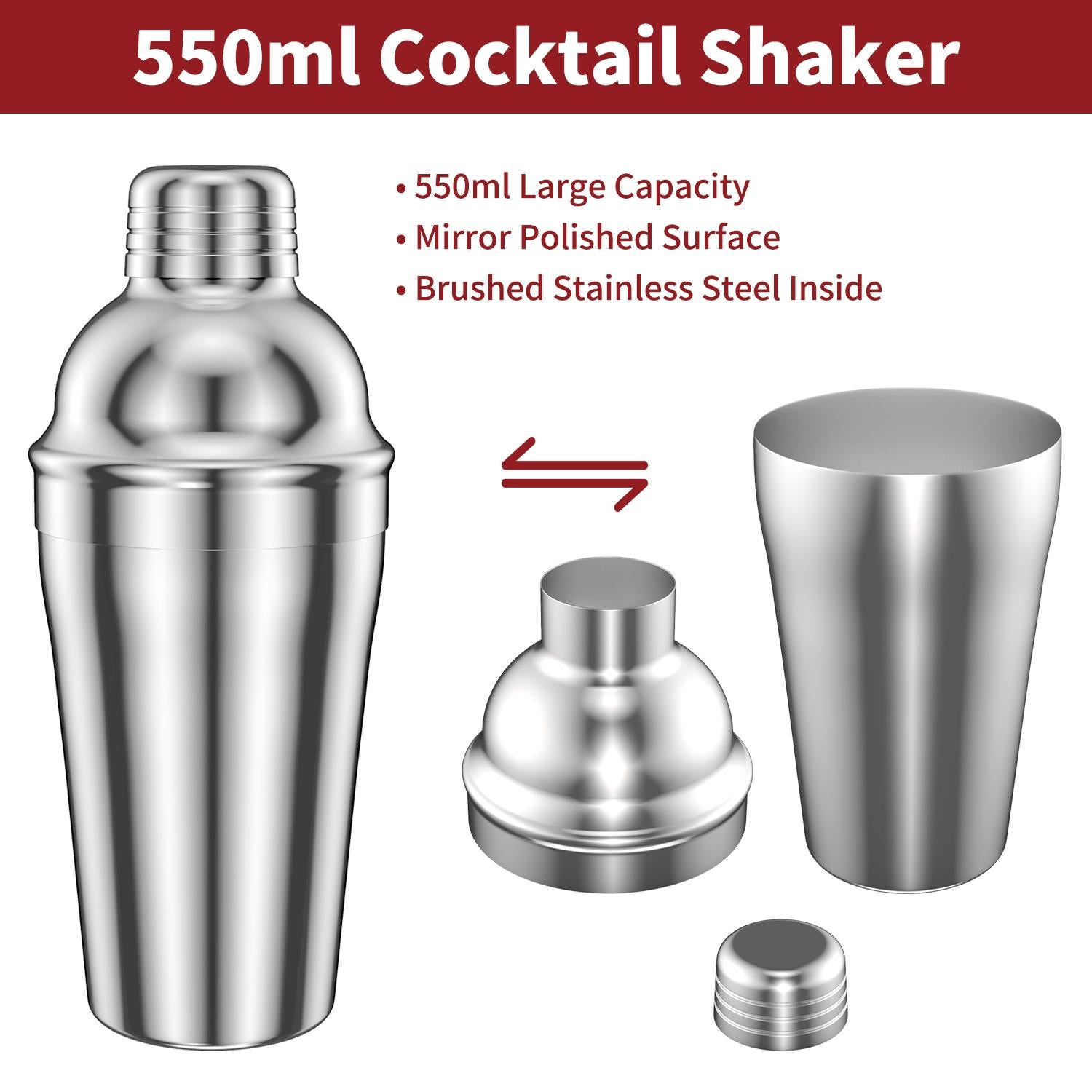 15-piece stainless steel cocktail shaker set by Vinsani, featuring various bar tools and accessories for bartending.