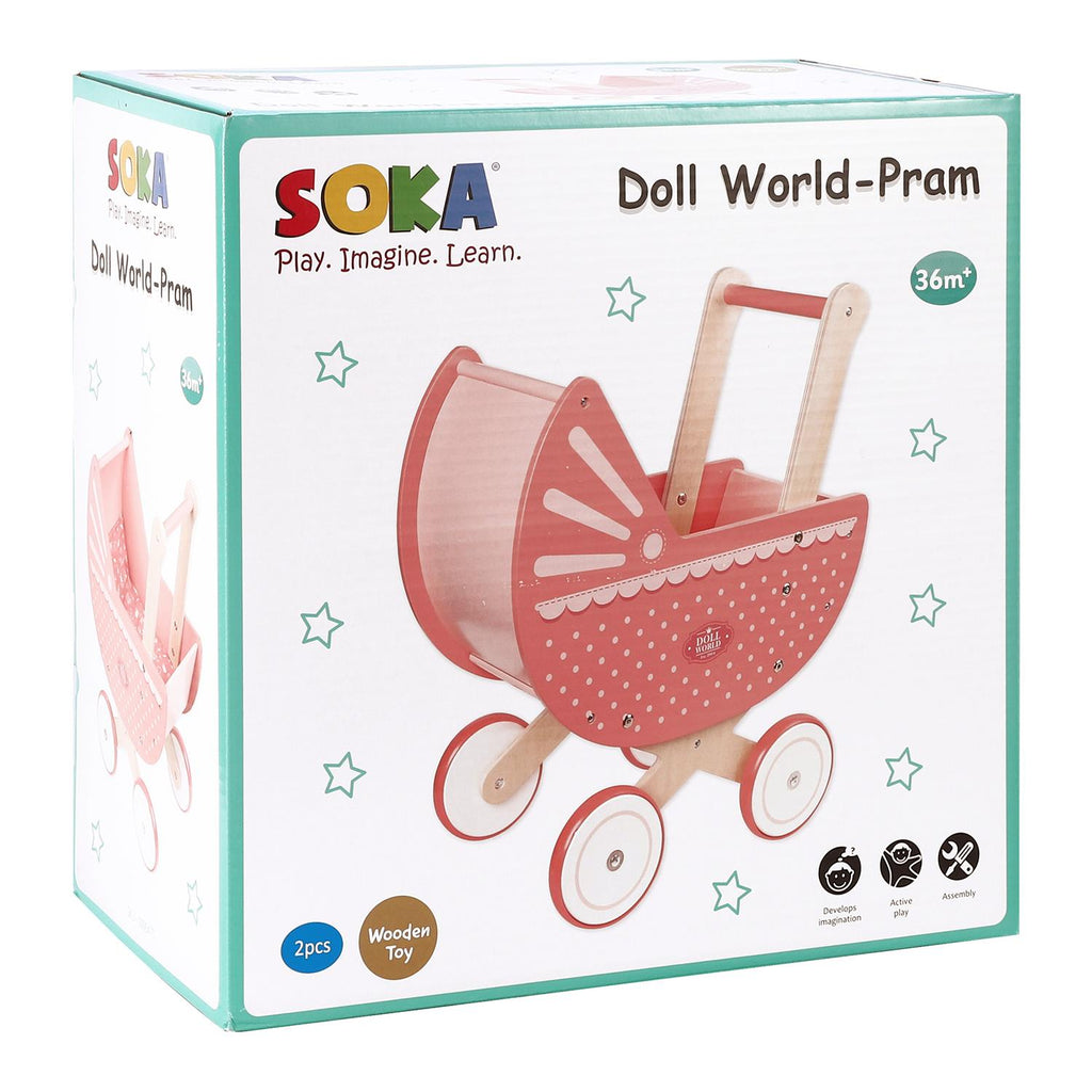 SOKA Doll World-Pram 0000470 in pink, featuring a stylish design for doll play from SOKA Play Imagine Learn.