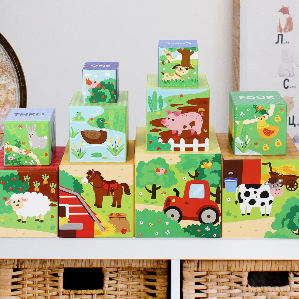 Colorful stacking cubes featuring a farm theme, designed by SOKA Play Imagine Learn for imaginative play and learning.