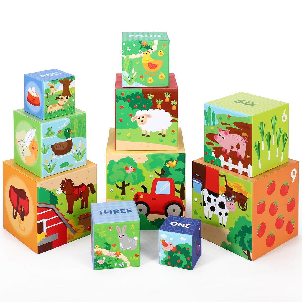 Colorful stacking cubes featuring a farm theme from SOKA Play Imagine Learn, showcasing animals and farm scenes.