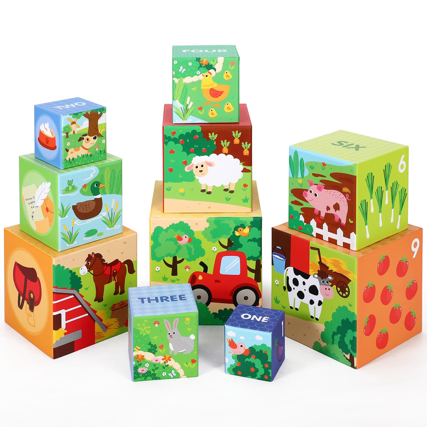 Colorful stacking cubes featuring a farm theme from SOKA Play Imagine Learn, showcasing animals and farm scenes.