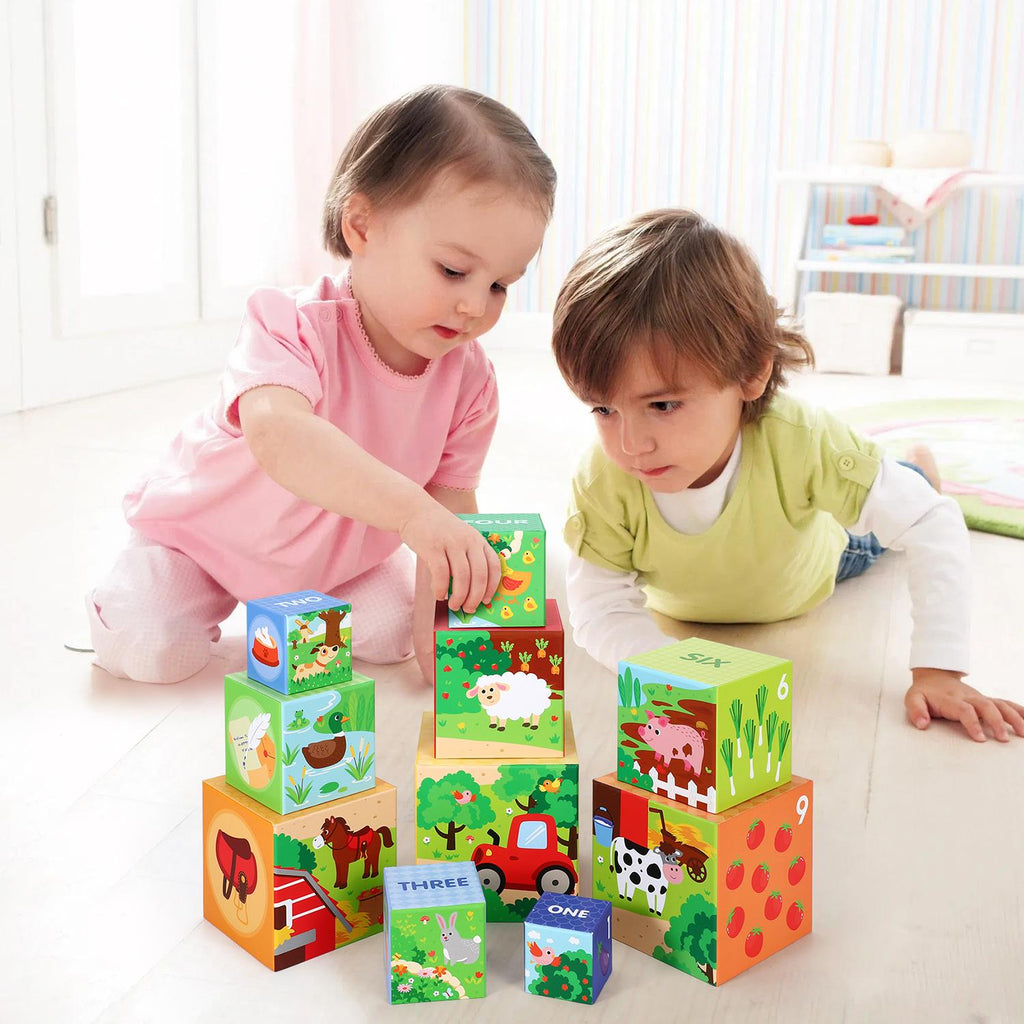 Colorful stacking cubes featuring a farm theme, designed by SOKA Play Imagine Learn for imaginative play and learning.