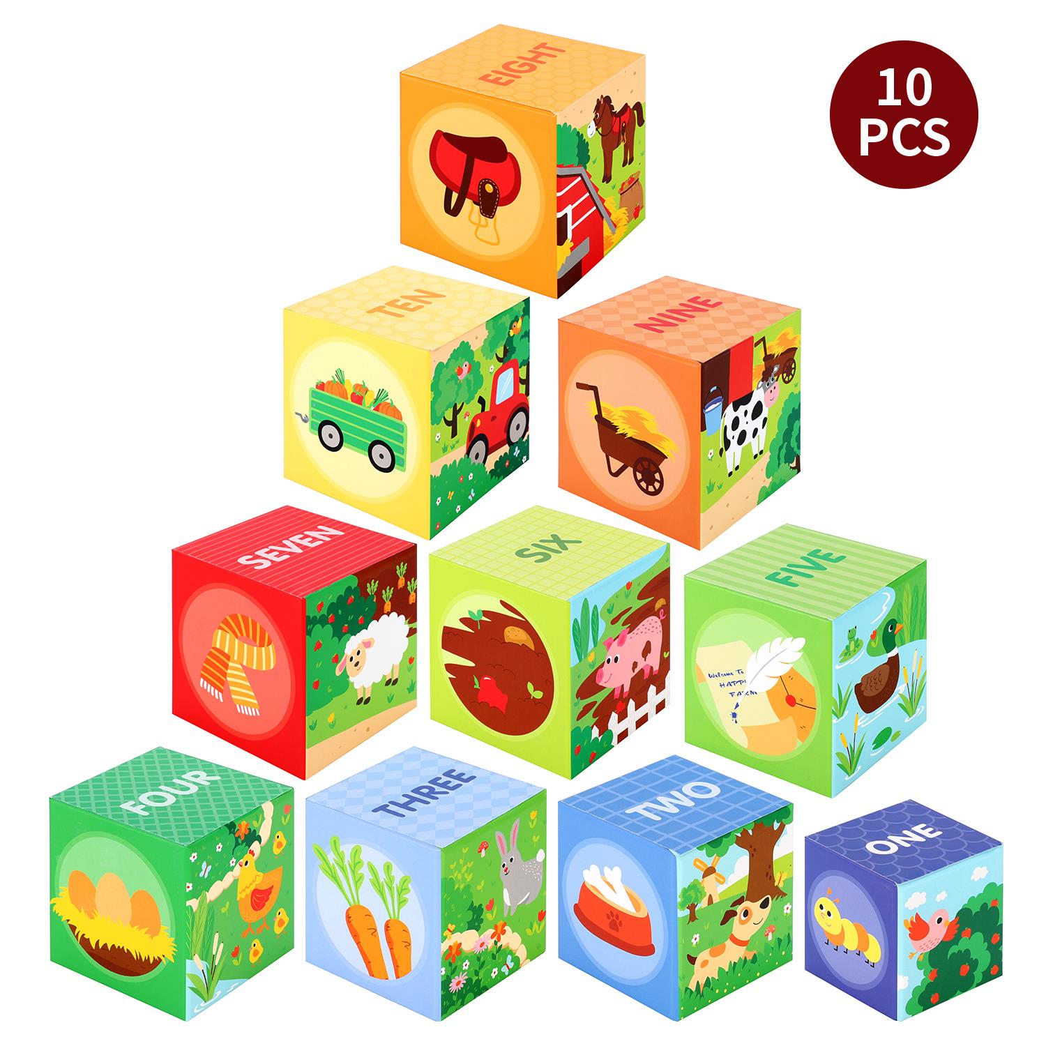 Colorful stacking cubes with farm theme from SOKA Play, featuring various animals and vibrant designs for imaginative play.
