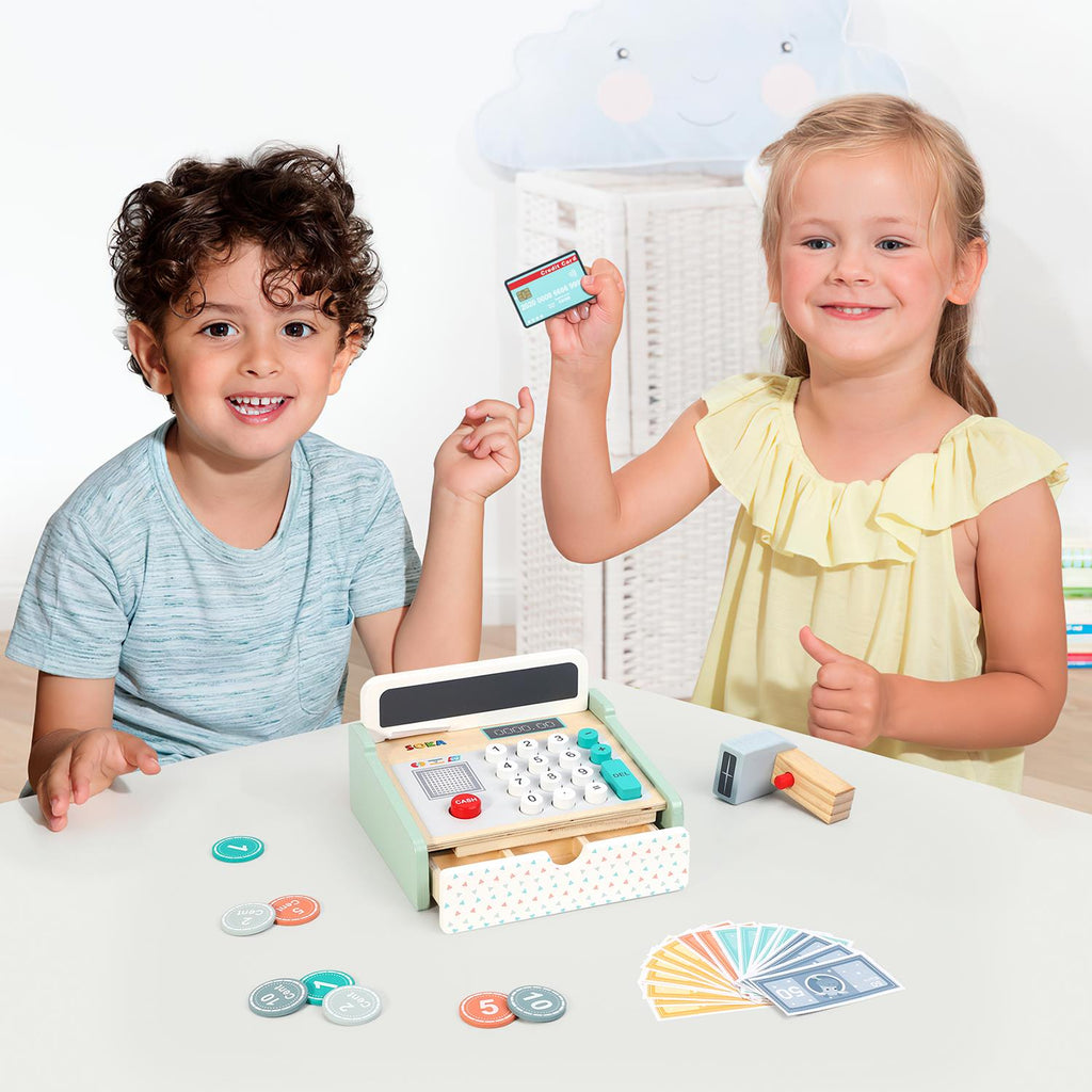 SOKA FunZone cash register with colorful buttons and play money for imaginative learning and play.