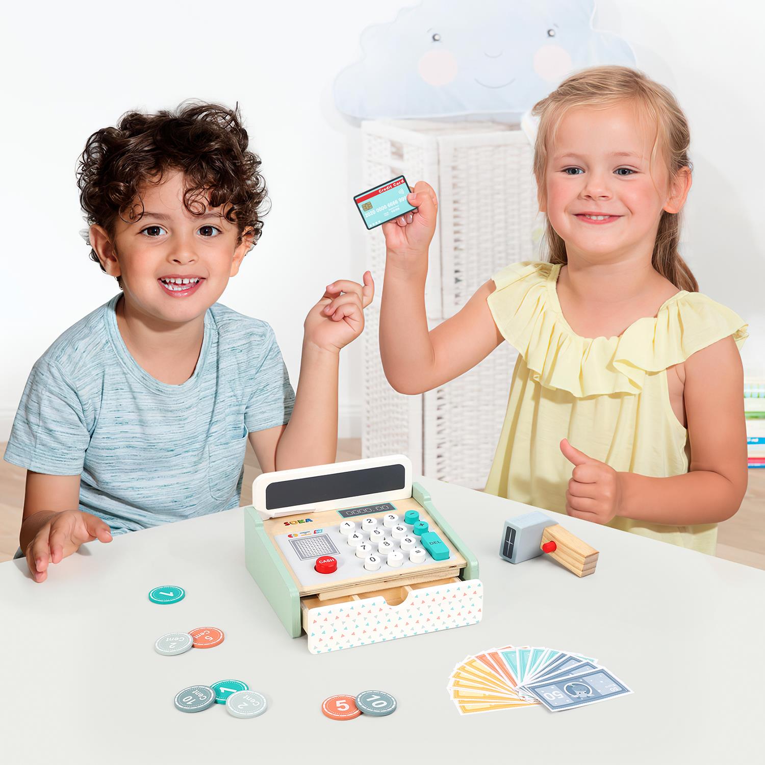 SOKA FunZone cash register with colorful buttons and play money for imaginative learning and play.